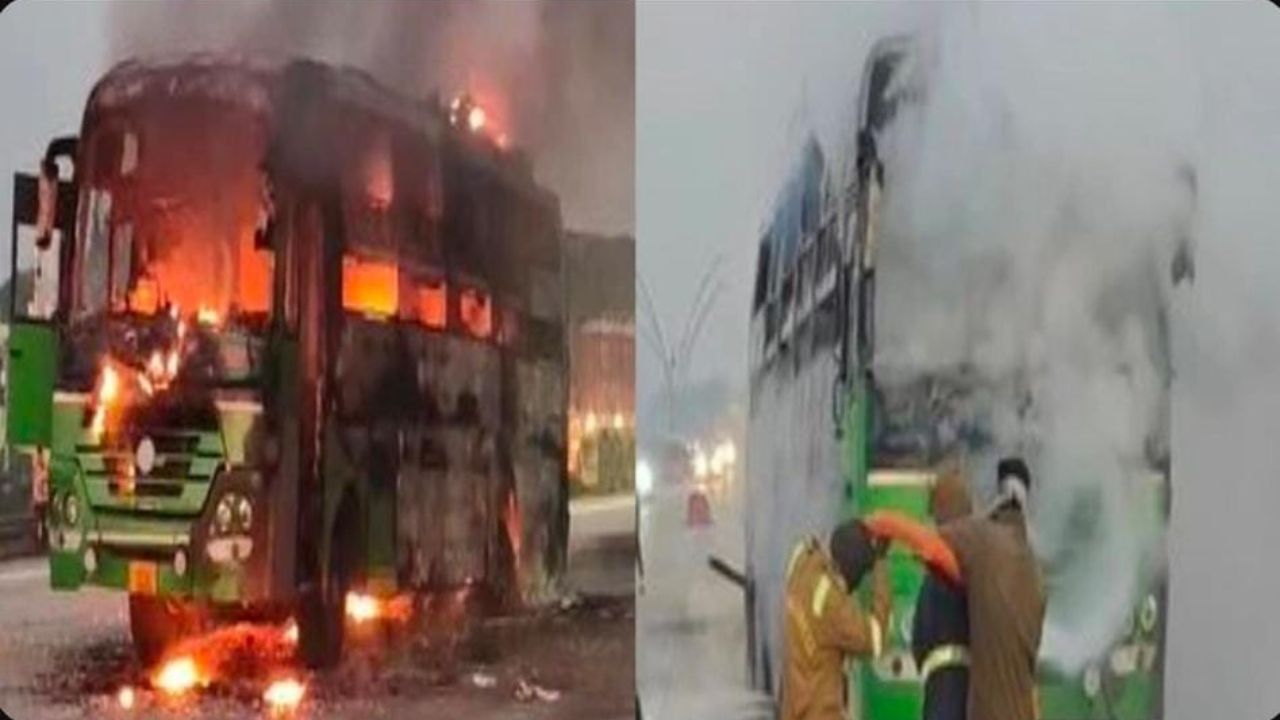 आगरा-लखनऊ एक्सप्रेसवे हादसा: यात्रियों से भरी डबल डेकर बस में लगी आग, बड़ा हादसा टला